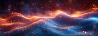Abstract cosmic waves with glowing orange and blue particles creating dynamic flow pattern perfect for technology, science or space backgrounds.