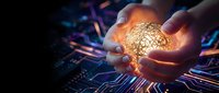 Hands holding glowing golden brain with circuit board patterns, representing artificial intelligence, innovation, and digital technology solutions for business and tech industries.
