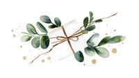 Watercolor eucalyptus branches with green oval leaves tied with twine string, decorated with golden splashes on white background. Botanical art for wedding design.
