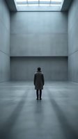 Solitary male figure standing in minimalist concrete gallery space with skylight, conveying isolation, contemplation, and urban emptiness for conceptual projects.