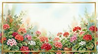Colorful geranium flowers in full bloom creating decorative border frame with soft watercolor background for spring garden design projects.
