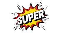 Comic book style super burst explosion with bold white text on colorful starburst background isolated on white for graphic design and promotional materials.