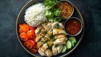 Sliced chicken breast with jasmine rice, fresh vegetables and spicy Asian dipping sauces served on dark plate. Food photography for restaurant menu.