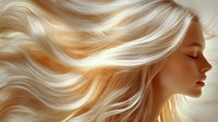 Flowing blonde wavy hair in motion against soft light, showcasing smooth texture and golden highlights for beauty and haircare advertising.