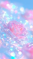 Delicate pink rose surrounded by sparkling glitter and dreamy bokeh lights in pastel blue and pink tones, creating a magical romantic atmosphere.