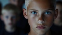 Young blonde boy with striking blue eyes and freckles looking directly at camera with serious expression in soft natural lighting for portrait photography.