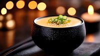 Creamy soup served in black bowl with condensation, garnished with fresh herbs and crumbs against blurred warm bokeh lights and candle background.