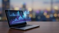 Laptop displaying financial charts and graphs on screen with blurred city lights background for business analytics and data visualization presentations.