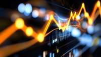 Financial market graph with glowing orange trend line showing upward movement against dark background with blue bokeh lights, representing stock trading analysis.