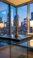 Wooden chess piece on glass table in modern high-rise apartment with panoramic city skyline view at twilight, luxury interior design concept for business strategy and success themes.
