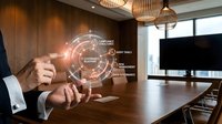 Businessman touching digital holographic interface displaying compliance audit trails and risk management icons in modern conference room setting.