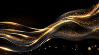 Glowing golden waves with sparkling particles flow on black background creating magical light effect with shimmering bokeh elements and smoke trails.