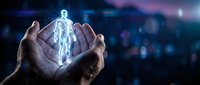 Hands holding glowing digital human figure with data streams, representing artificial intelligence, technology innovation, and digital transformation in business and healthcare applications.