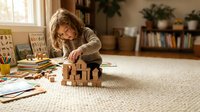Young blonde girl playing with wooden building blocks on carpet in cozy home interior with books and plants creating educational play environment.