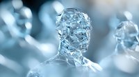 Crystal clear glass human head sculpture with geometric faceted surface reflecting light in modern artistic style for luxury branding and technology concepts.
