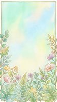 Watercolor floral border frame with pastel flowers, tropical leaves, and ferns on soft green background for cards and invitations.