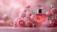 Elegant pink perfume bottle surrounded by soft ranunculus flowers on romantic pastel background for luxury beauty and fragrance advertising campaigns.