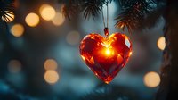 Red crystal heart ornament hanging on Christmas tree branch with glowing warm bokeh lights creating romantic holiday atmosphere. Macro close-up view.