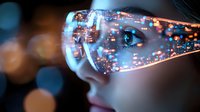Futuristic augmented reality glasses with glreflecting on lens surface, side view of woman wearing smart eyewear.