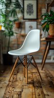 Modern white chair with wooden legs on rustic floor boards in cozy home interior with green plants and wall art creating stylish scandinavian atmosphere.