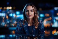 Young Caucasian woman in navy blue blazer with glitter against blurred city lights background at night, dramatic portrait with bokeh effect and moody atmosphere.