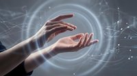 Hands interacting with glowing digital hologram interface displaying circular light waves and network connections for technology, innovation, and futuristic concepts.