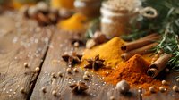 Aromatic spices and herbs scattered on rustic wooden table with turmeric powder, star anise, cinnamon sticks and fresh rosemary creating culinary composition.