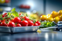 Fresh red cherry tomatoes on vine in metal tray with green leaves, selective focus on foreground, blurred kitchen counter background creates depth.