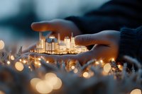 Glowing miniature cityscape held between fingers with bokeh lights creating magical atmosphere. Urban planning and architecture concept for presentations.