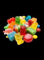 Colorful mixed candy pile with gummy bears, hard candies, and sugar-coated sweets, isolated on transparent background, ready for stickers, clipart, and print on demand.