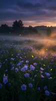 Magical summer evening meadow with blue wildflowers and glowing fireflies at sunset. Misty landscape with dramatic purple sky for nature backgrounds.