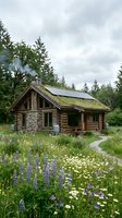 Rustic log cabin with moss-covered roof and stone chimney surrounded by wildflower meadow with purple lupines and white daisies, evergreen forest backdrop, countryside living.