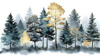 Misty forest landscape with evergreen pines and golden trees in watercolor style, creating a serene woodland scene against foggy background.