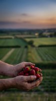 Farmer hands holding fresh ripe strawberries at sunset over agricultural fields. Organic farming and harvest concept for healthy food production.