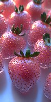 Fresh pink strawberries with water droplets in soft lighting, close-up macro photography showing detailed texture and natural organic produce for food marketing.