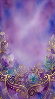 Luxurious purple watercolor background with ornate golden floral borders and decorative flourishes, featuring blooming flowers in jewel tones. Ideal for invitations, greeting cards, and elegant design projects.