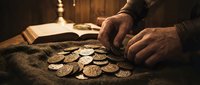 Mature male hands arranging golden coins on wooden surface near open book under warm lamplight, depicting wealth, finance, numismatics, and treasure collection for educational or business concepts.