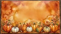Autumn harvest border with pumpkins and fall leaves on warm watercolor background for seasonal greeting cards and thanksgiving decorations.