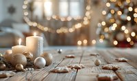 Festive holiday composition with burning candles, golden and silver ornaments on rustic wooden table against blurred Christmas lights background.
