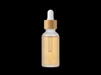 Dropper bottle with golden liquid and wooden cap isolated on transparent background, ready for cosmetic, skincare, and wellness product design use on t-shirts, stickers, and print-on-demand items.