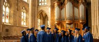 Diverse group of graduates in blue caps and gowns celebrating commencement ceremony inside Gothic cathedral with ornate pipe organ and stained glass windows.
