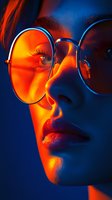 Close-up profile portrait with dramatic orange and blue lighting contrast showing round glasses, eyelashes, and lips creating moody atmospheric effect.