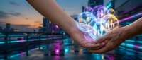 Hands holding glowing digital network icons with people symbols representing social connections and community engagement in modern technology concept.