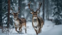 Two majestic deer with antlers standing in snowy winter forest during heavy snowfall, wildlife nature scene with falling snow and evergreen trees.