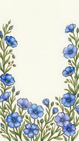 Watercolor blue flax flowers and green stems forming a decorative border frame with copy space on cream background.