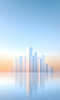 Minimalist cityscape silhouette reflecting in calm water at sunrise, featuring modern skyscrapers against pastel blue and orange sky background.