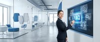 Professional businesswoman presenting FAQ digital interface in modern corporate office environment for customer service and business communication solutions.