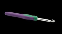 Crochet hook with purple and green ergonomic handle and silver metal tip, isolated on transparent background, ready for crafting clipart, stickers, and print on demand designs.
