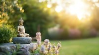 Serene Buddha statue in meditation pose surrounded by blooming flowers in tranquil garden at sunset, creating peaceful atmosphere for spiritual practice.