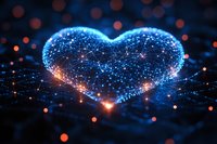 Glowing digital heart shape formed by connected dots and lines with sparkles and bokeh effects on dark background, symbolizing love in modern technology era.